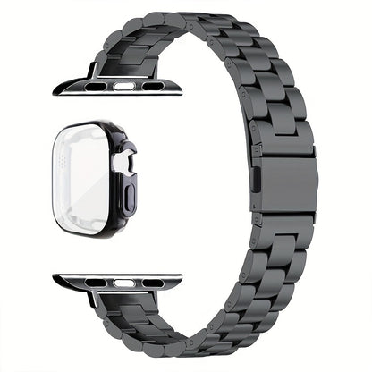 Slim Waist Apple Watch Steel Band & Half Shell Case 3-Piece Set – 2 Stainless Steel Bands + Protective Case Compatible with Apple Watch Series 1–9 SE Ultra 38 40 41 42 44 45 49mm – Gold Silver Rose Black