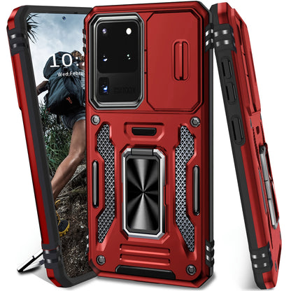 Samsung Galaxy Shockproof Magnetic Phone Case with 360° Rotating Ring Bracket & Sliding Lens Protector – Heavy Duty Cover for S24FE S23FE S22 S21FE Ultra A55 A54 A35 A34 A25 A24 A16 A15 A14 A06 A05 A05S 5G