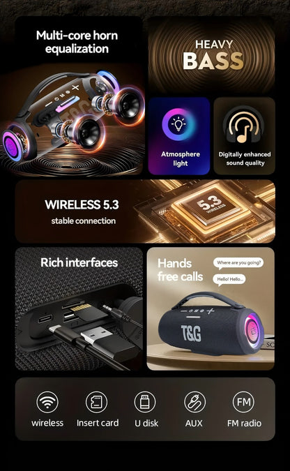 TG418 Bluetooth Wireless Speaker 3000mAh, LED Flash Lights, EQ Settings, Type-C Charging, TF Card USB AUX Compatible, Loud Portable Speaker for Mobile Phones Tablets Computers Outdoor & Home Use