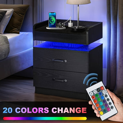 Wooden Nightstand with LED Ambient Light & Charging Station – Fabric Drawer, Blue Glow, Modern Bedside Table for Bedroom Living Room End Table, Black or White (Single or 2-Pack)