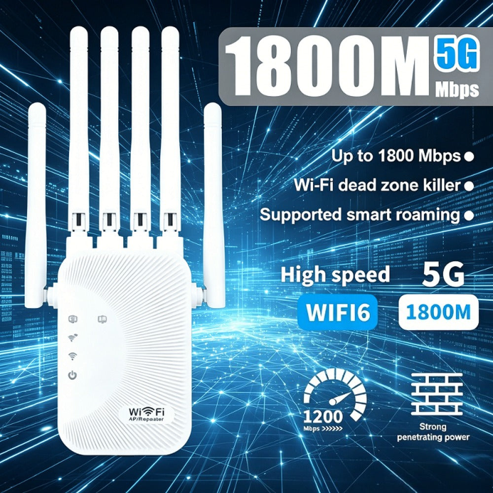 8500 Sq Ft WiFi Range Extender 6-Antenna - High-Speed Wireless Repeater with Ethernet Port, Plug and Play WPS Setup, for Home Office Online Gaming 4K Streaming, White