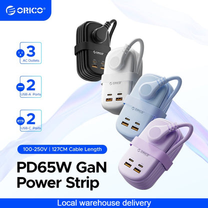 GaN 65W Portable Power Strip Fast Charging - 3 AC Outlets, 2 USB-C & 2 USB-A Ports, Flat Plug, 50-inch Cable, Compact Travel Charging Station for Laptop Tablet Phone Home Office Studio