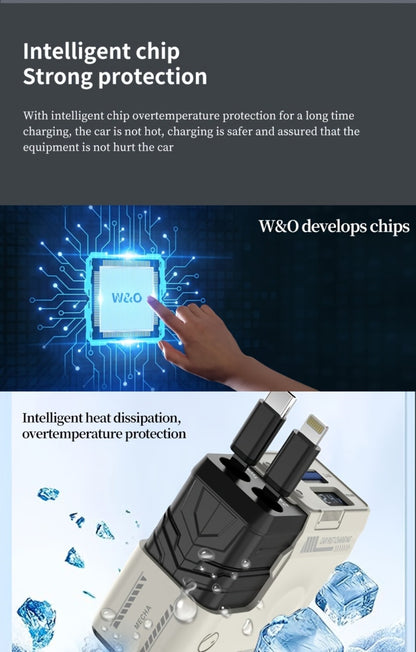 120W Fast Car Charger 4-in-1 with Retractable PD 3.0 Type-C Cable & Multi-Port USB Adapter – Short Circuit & Overheat Protection for iPhone Samsung Galaxy S25 Ultra Huawei Android, 4 Colors Available