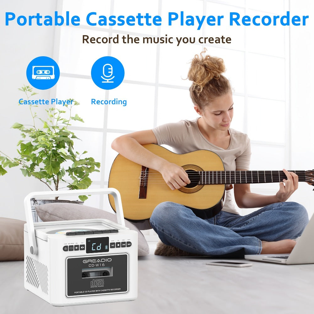Boombox CD Cassette Player Rechargeable 5000mAh Battery 5W Dual Stereo Speakers FM Radio Tape Recording AUX SD USB 3.5mm Jack Portable Home Audio Player