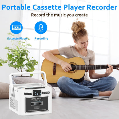 Boombox CD Cassette Player Rechargeable 5000mAh Battery 5W Dual Stereo Speakers FM Radio Tape Recording AUX SD USB 3.5mm Jack Portable Home Audio Player