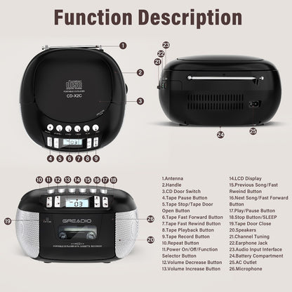 CD and Cassette Player Combo Boombox Portable AM FM Radio Tape Recording Stereo Sound AC DC Powered AUX Headphone Jack Sleep Timer for Home Seniors