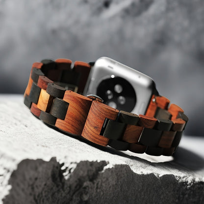 Wood Apple Watch Band Natural Walnut & Blackwood Replacement Strap – Lightweight Adjustable Buckle, Compatible with Apple Watch Series 3–10 SE Ultra 38 40 41 42 44 45 49mm – Dark Brown Black Mixed