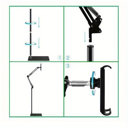 Floor Stand Phone Tablet Holder 68.9 Inch Flexible Gooseneck Lazy Bracket with 360° Rotating Head Foldable Adjustable Arm for Bed Sofa Desk Live Streaming Video Calls Hands Free Mount