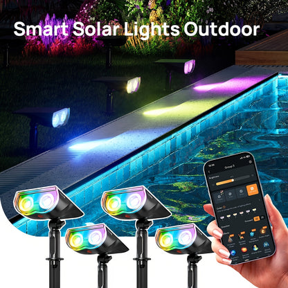 Solar Outdoor Spotlights RGB Smart Color Changing – App & Voice Control, Music Sync, 16M Colors, 14H Battery, Waterproof Landscape Accent Lights | 4 & 6 Pack