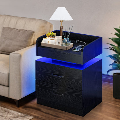 Small Nightstand with USB Charging Station & LED Lights – Compact Bedside Table with Drawer | Under 27 Inch Floor Mount | Dorm Studio Apartment Small Bedroom | Black or White | College Dorm Gift