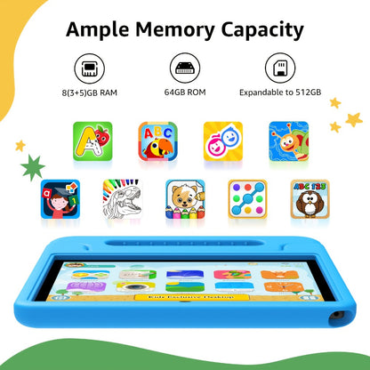 Apolosign Kids Tablet 10 Inch 64GB, Android 15 8-Core 8GB RAM WiFi 6, 1280x800 HD Display 5MP+2MP Camera, Parental Control Educational Shockproof Case, 2025 Model Children Tablet for Ages 3-12 – Black Navy Purple Blue Pink