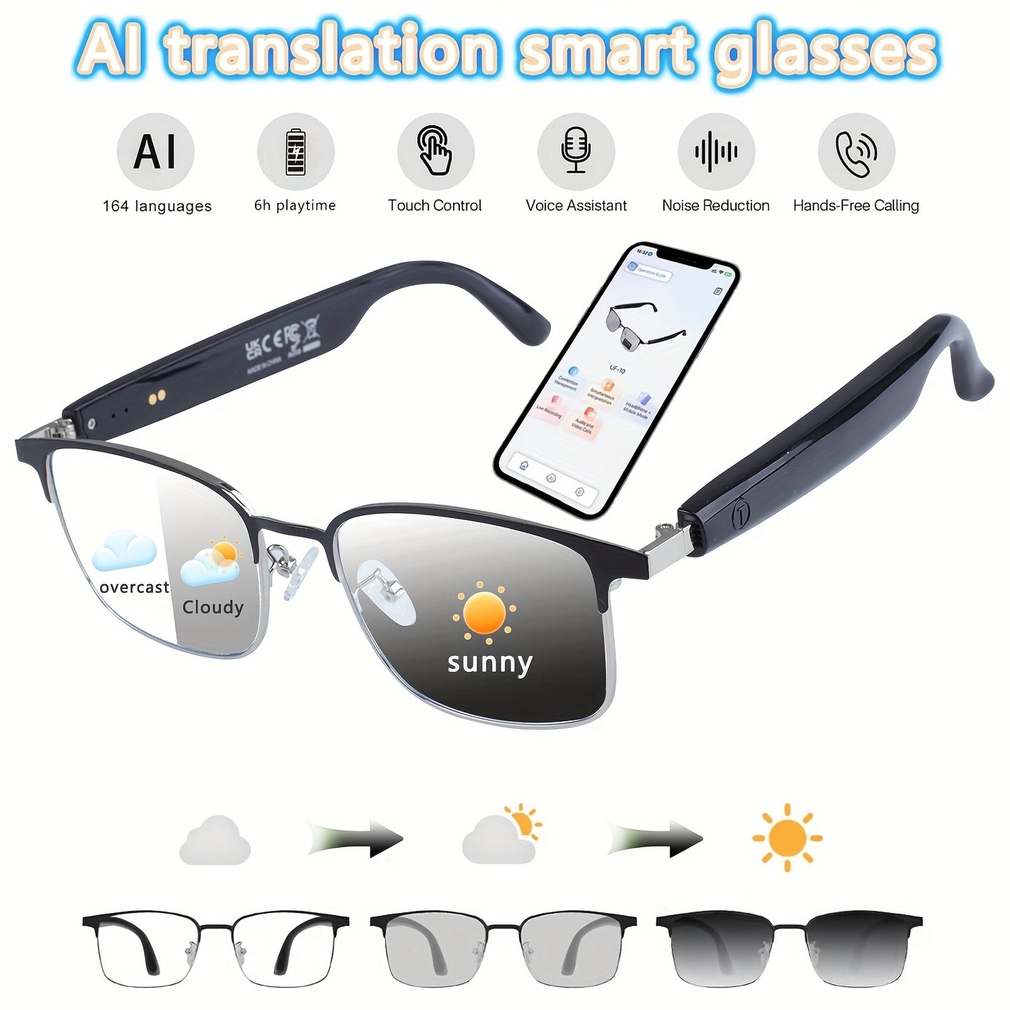 ChatGPT AI Translation Glasses with 160-Language Real-Time Translation, Photochromic Lenses, HiFi Audio & HD Calls – 19 Frame Styles, Unisex Smart Eyewear for Travel & Business