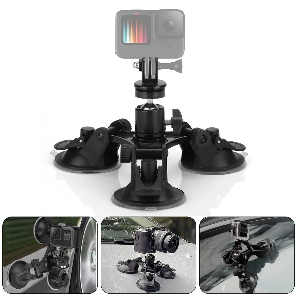 Suction Cup Camera Mount with 3 Bases – Universal 360° Ball Head Car Camera Holder for GoPro Hero 10 9 8 7, Action Cameras, DSLRs & Camcorders, Quick Release, ABS, Smooth Surface Secure Grip
