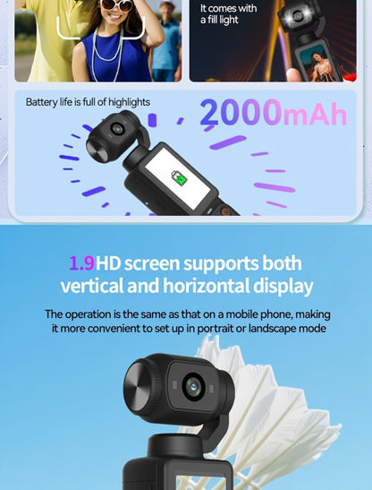 4K Pocket Sports Camera with Gimbal Stabilizer 16X Zoom 180 Degree Rotation 2000mAh Rechargeable 32GB Memory USB Charging Portable Vlog Body Camera for Outdoor Sports Travel Content Creators Black White