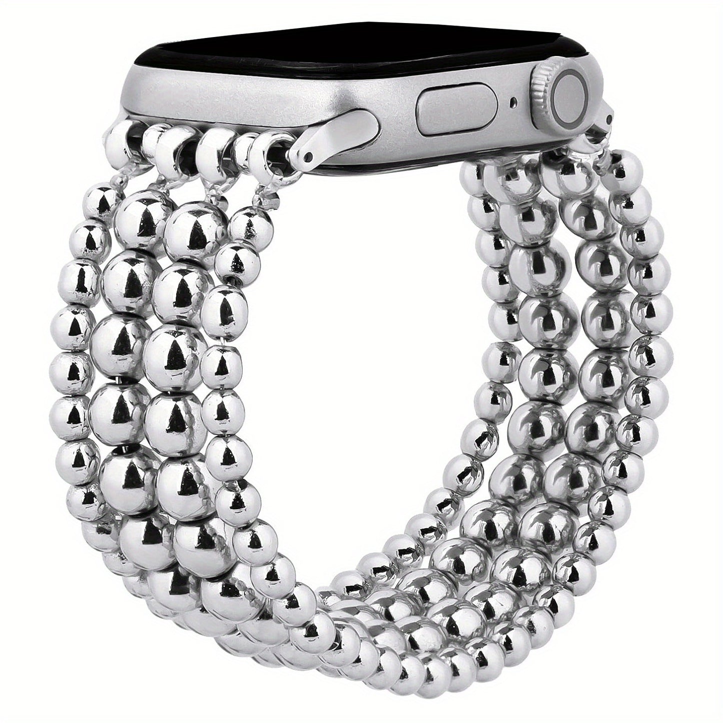 Stainless Steel Beaded Apple Watch Band Handmade Elastic Stretch Bracelet No-Buckle Slip-On Strap for Series 1-11 SE Ultra 38mm 40mm 41mm 42mm 44mm 45mm 46mm Women Girls Silver Rose Gold Silvery Grey