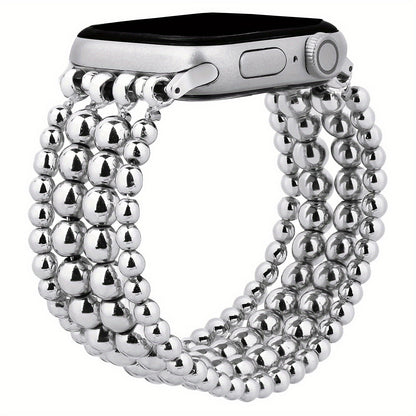 Stainless Steel Beaded Apple Watch Band Handmade Elastic Stretch Bracelet No-Buckle Slip-On Strap for Series 1-11 SE Ultra 38mm 40mm 41mm 42mm 44mm 45mm 46mm Women Girls Silver Rose Gold Silvery Grey