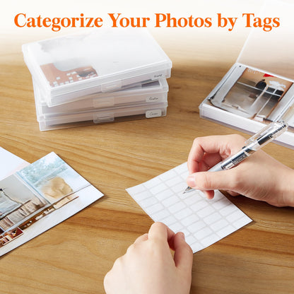 4x6 Photo Storage Box with 14 Inner Photo Keeper Cases Holds 1400 Photos Clear Plastic Photo Organizer with Lids Label Stickers BPA-Free for Cards Pictures Stamps Craft Office Supplies