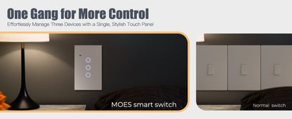 Smart WiFi Touch Wall Switch No Neutral Wire Required – MOES 1/2/3 Gang Light Switch, Works with Alexa & Google Home, App & Voice Control, Timer, 2.4GHz, No Hub, Single Pole, 110V White