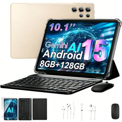 2-in-1 Tablet with Keyboard Android 15, 10.1 Inch 8GB RAM 128GB ROM 8000mAh Battery, 5G WiFi 16MP+5MP Dual Camera FHD IPS Display, Stylus Pen Included, Laptop Tablet PC for Work Study Entertainment – Black Pink Gold Gray Orange