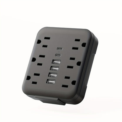 Bedside Wall Power Strip 12-in-1 with 6 AC Outlets, 4 USB-A & 2 USB-C Ports – Multi-Socket Charging Station for Home, Office, Bedroom & Travel, White & Black
