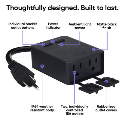 Wyze Outdoor Smart Plug Dual Independent Outlets – WiFi, Energy Monitoring, Built-in Light Sensor, 300ft Range, Works with Alexa & Google, IFTTT, Vacation Mode, No Hub, Weatherproof (Black)