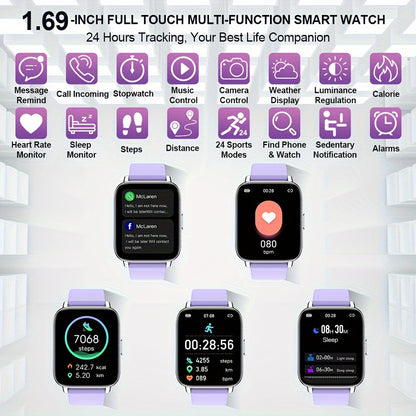 1.69 Inch Big Screen Smartwatch 100 Sport Modes Sleep Monitor Heart Rate Pedometer Fitness Tracker Compatible with Android iOS Unisex Men Women 7 Colors Off White Grey Black Pink Dark Blue Azure Purple