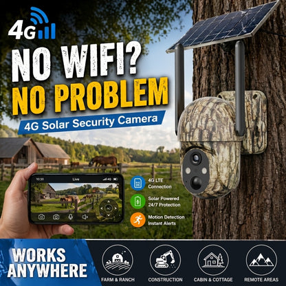 4G LTE Solar Trail Camera No WiFi Needed, Outdoor Security Camera 4K Night Vision, 360° Pan Tilt Live View, Two-Way Audio, Waterproof – Hunting Farm Ranch Wildlife Monitoring
