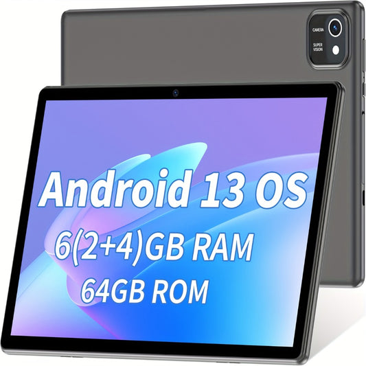 Android 13 Tablet 10 Inch 6GB RAM 64GB ROM Quad-Core IPS HD Touchscreen, Long Battery Life, Large Storage Capacity, Powerful Performance Portable Tablet PC for Work Study Entertainment Adults Kids