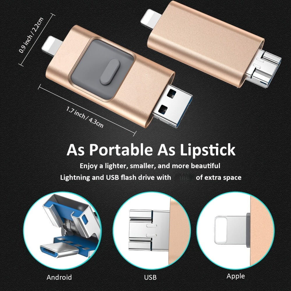 4-in-1 Flash Drive for iPhone iPad Android Type-C PC – OTG USB 3.0 Photo Stick 128GB 256GB Memory Stick Thumb Drive, Lightning Micro USB USB-C USB-A, Golden Silver Pink Black