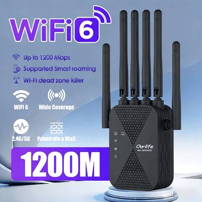 WiFi Extender 1300Mbps Dual Band AP & Relay Mode - 4 Powerful Antennas Full House Coverage, Ethernet Port, Eliminates Dead Zones, for Home Office Gaming Streaming, White Black