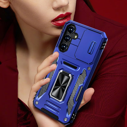 Samsung Galaxy Shockproof Magnetic Phone Case with 360° Rotating Ring Bracket & Sliding Lens Protector – Heavy Duty Cover for S24FE S23FE S22 S21FE Ultra A55 A54 A35 A34 A25 A24 A16 A15 A14 A06 A05 A05S 5G