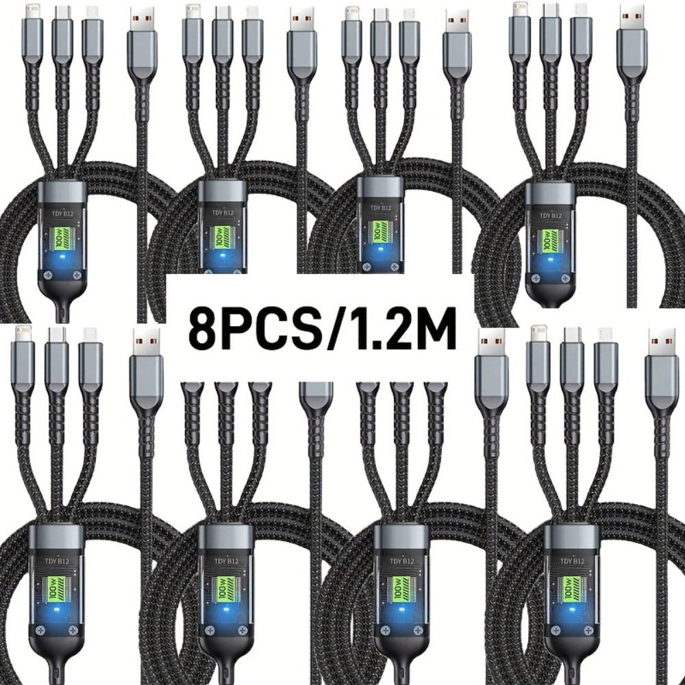 MFi Certified 3-in-1 Charging Cable 100W Fast Charge 4/8 Pack – 1.2m Nylon Braided USB Cable Type-C Micro USB Lightning for iPhone iPad Samsung Android, Multi Connector Multi Pack Phone Charger Cord