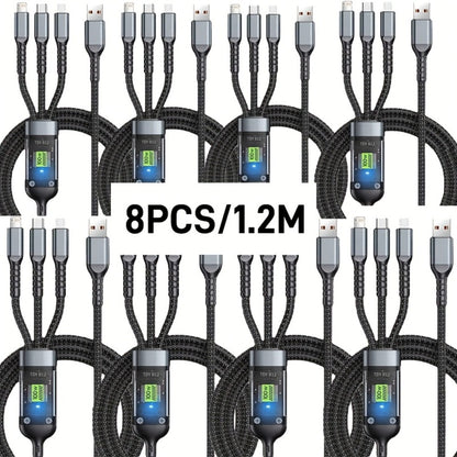 MFi Certified 3-in-1 Charging Cable 100W Fast Charge 4/8 Pack – 1.2m Nylon Braided USB Cable Type-C Micro USB Lightning for iPhone iPad Samsung Android, Multi Connector Multi Pack Phone Charger Cord