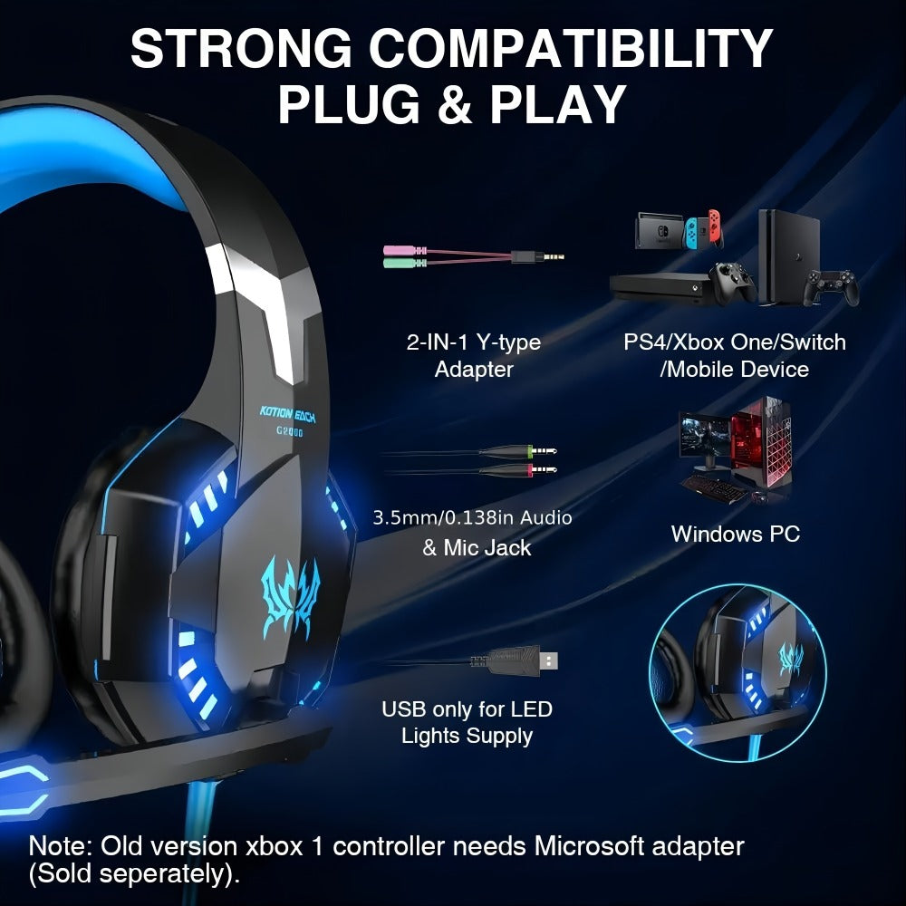 Gaming Headset with Mic LED Light Over Ear Wired Headphones for PC PS5 Xbox Nintendo Switch Video Games Immersive Surround Sound Noise Cancelling Microphone