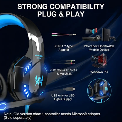 Gaming Headset with Mic LED Light Over Ear Wired Headphones for PC PS5 Xbox Nintendo Switch Video Games Immersive Surround Sound Noise Cancelling Microphone