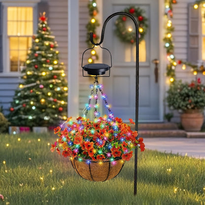 Solar Hanging Flower Basket with RGB String Lights – 10 Inch Artificial Flowers, Dusk-to-Dawn Auto On, Waterproof Outdoor Decor for Patio, Garden, Balcony & Front Porch | Pink Purple Orange