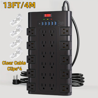 Surge Protector Extension Cord Flat Plug 2100 Joules with Control Switch Status Indicator Wall-Mountable Multi-Outlet Power Strip 28-in-1 22 AC or 8-in-1 4 AC with USB Ports Multiple Length Options for Home Office – Black