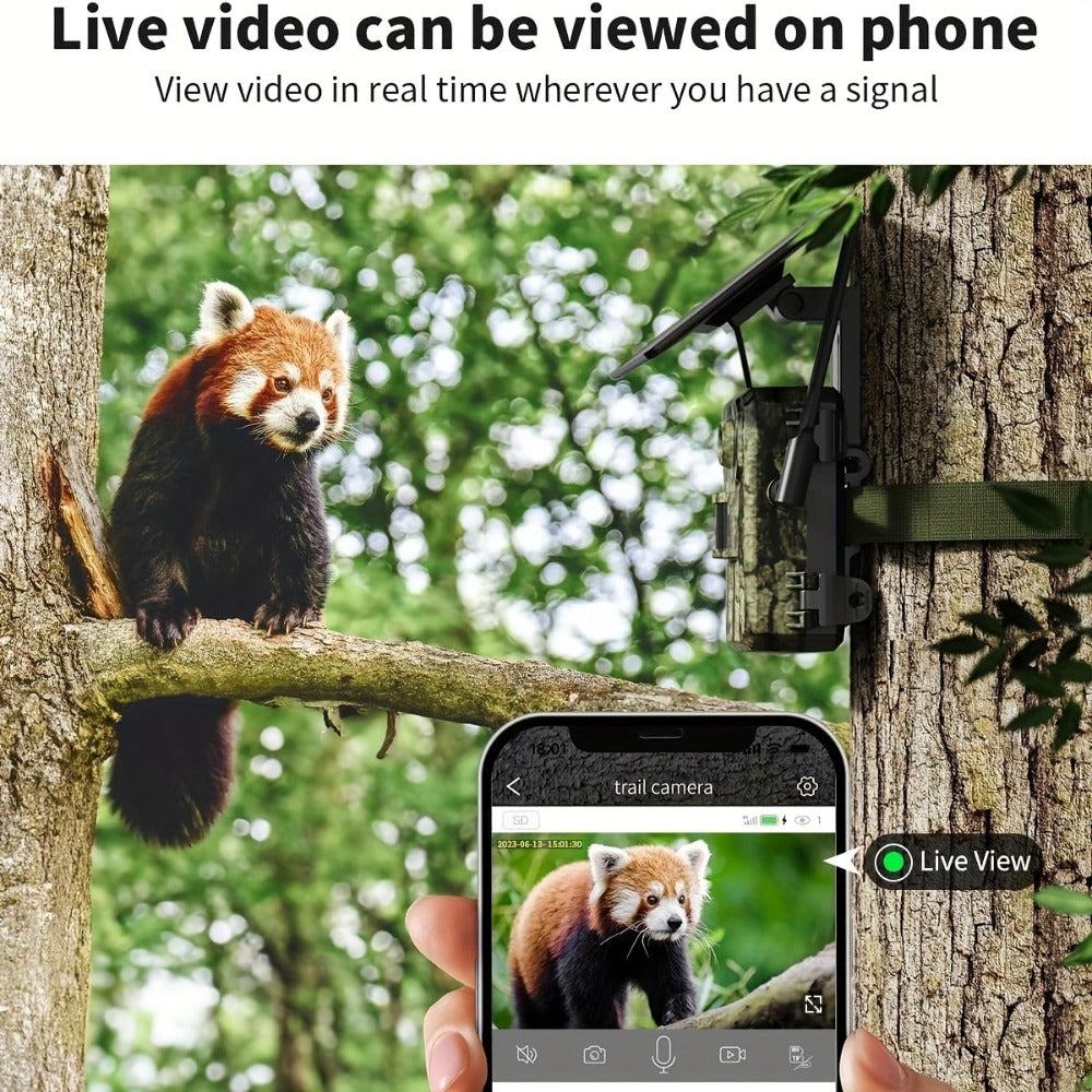 4G LTE Cellular Trail Camera Solar Powered with Night Vision & HD Live View – Built-in SIM Card, 0.2s Trigger Speed, IP65 Waterproof, No WiFi Needed, Hunting & Wildlife Camera