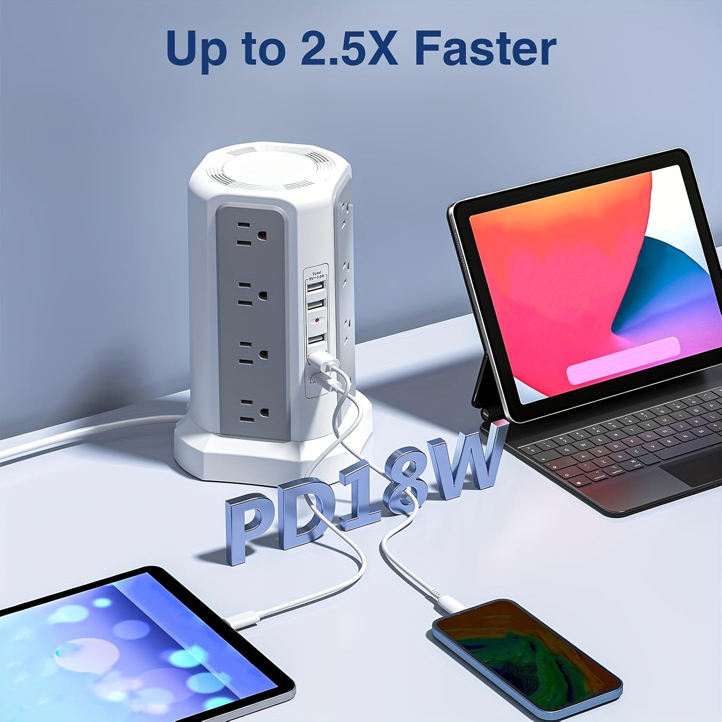 Power Strip Tower Angled Flat Plug 17-in-1 with 12 AC Outlets 4 USB-A 1 USB-C PD 18W 4 Independent Switches 1500J Surge Protector Desktop Extension Cord for Home Office Dorm Room – Black & White