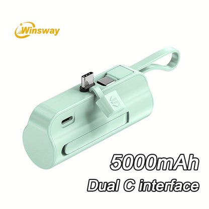 Capsule Mini Power Bank 5000mAh Dual Port Wireless Charging Phone Holder Fast Charge USB-C Cable Charge Two Phones at Once Pocket Portable Charger for Android Samsung iPhone