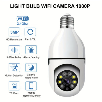 E27 Bulb Camera 360° Pan & Tilt 3MP 1080P, Full-Color Night Vision, Two-Way Audio, Motion Detection, WiFi App Control, Cloud & TF Card Storage – Indoor Home Security Light Bulb Camera