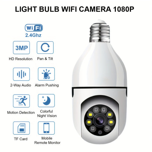 E27 Bulb Camera 360° Pan & Tilt 3MP 1080P, Full-Color Night Vision, Two-Way Audio, Motion Detection, WiFi App Control, Cloud & TF Card Storage – Indoor Home Security Light Bulb Camera