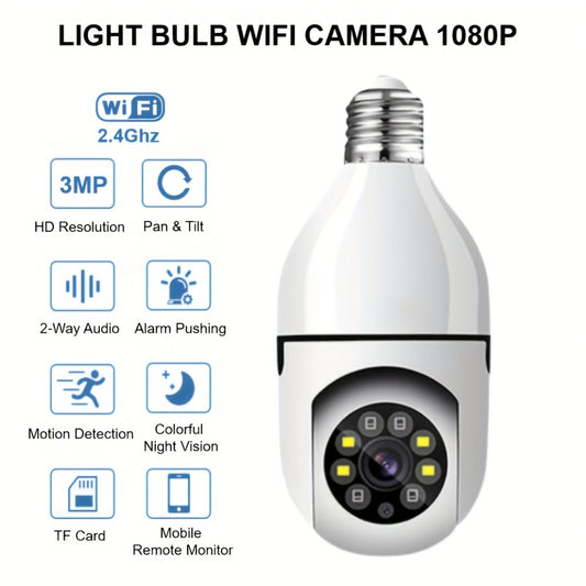 E27 Bulb Camera 360° Pan & Tilt 3MP 1080P, Full-Color Night Vision, Two-Way Audio, Motion Detection, WiFi App Control, Cloud & TF Card Storage – Indoor Home Security Light Bulb Camera
