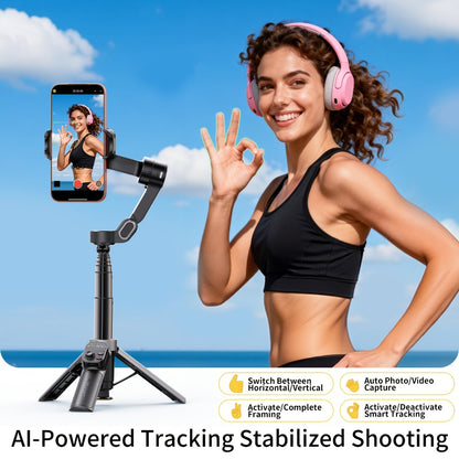 AOCHUAN Foldable 3-Axis Gimbal Stabilizer with Extendable Pole & Panoramic Gesture Control – AI Face Tracking Phone Gimbal, Magnetic Wireless Remote, 360° Rotation for Vlogging, Live Streaming & Travel