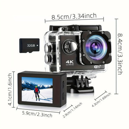 WiFi Action Camera 4K with Remote Control Kit & 32GB Card – 170° Ultra-Wide Angle, 2" Display, Auto Focus, Waterproof Case for Outdoor Sports, Vlogging, Travel & Father's Day Gift