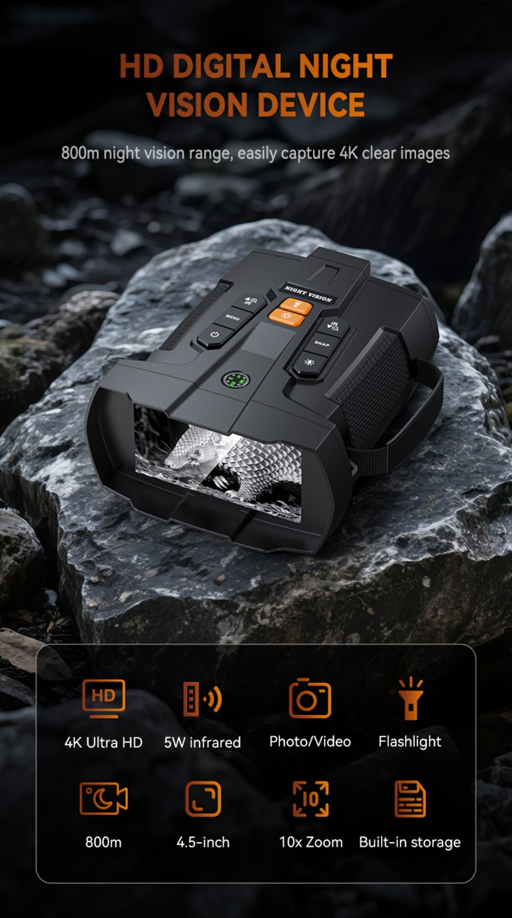 Night Vision Binoculars 4K Ultra HD with 4.5" Screen, 10X Digital Zoom & 5000mAh Battery – Digital Night Vision Goggles for Camping, Hunting, Security & Outdoor Observation, USB Rechargeable