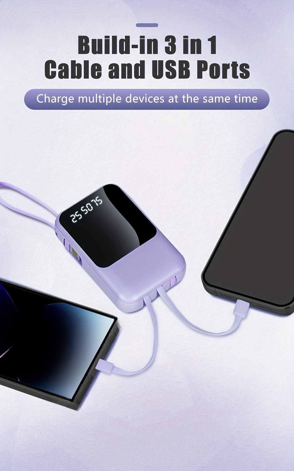 10000mAh Mini Power Bank 4 Built-In Cables Ultra-Bright LED Digital Display – 22.5W Super Fast Charging Multifunctional Portable Charger for Outdoor Travel, Compatible with iPhone Android Samsung