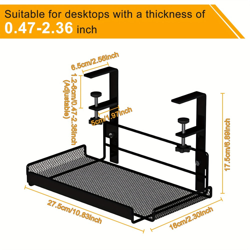 Clamp-On Cable Management Tray No Drill – Under Desk Wire Organizer Alloy Steel Mesh Holds 10 lbs | Fits 0.4"-2.4" Desks, Home Office & Gaming Setup, Black 10.63"