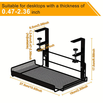 Clamp-On Cable Management Tray No Drill – Under Desk Wire Organizer Alloy Steel Mesh Holds 10 lbs | Fits 0.4"-2.4" Desks, Home Office & Gaming Setup, Black 10.63"