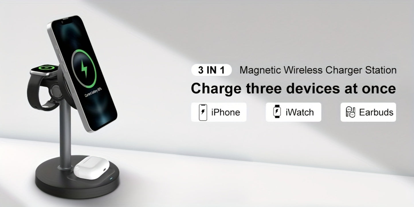 3-in-1 Wireless Charging Station 6 Colors Fast Qi Charger for iPhone 17/16/15/14/13/12, Apple Watch Ultra/Series 11/10/9/SE & AirPods 4/3/2 Pro – Anti-Slip Foreign Object Detection | Pink White Black Purple Green Blue